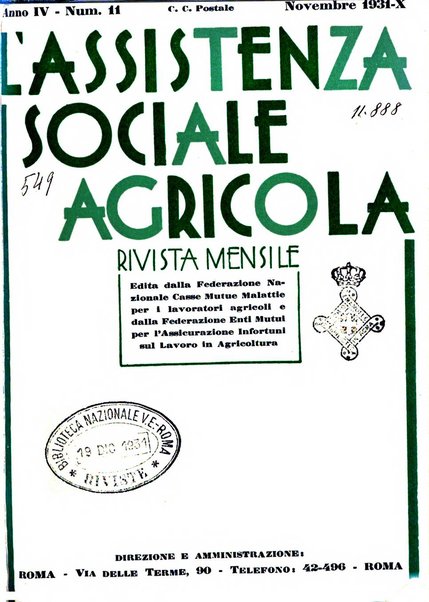 L'assistenza sociale agricola rivista mensile di infortunistica e assistenza sociale