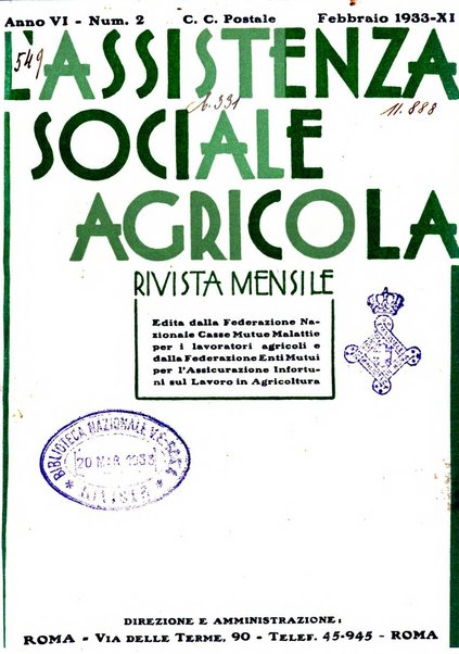 L'assistenza sociale agricola rivista mensile di infortunistica e assistenza sociale