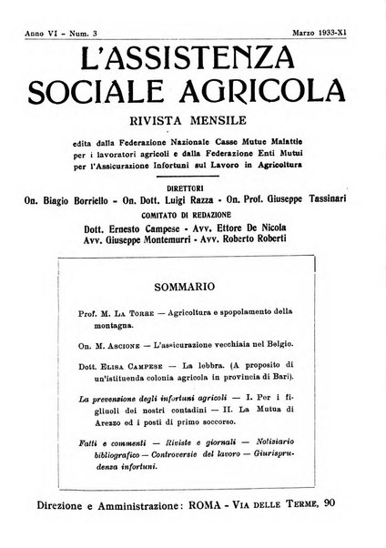 L'assistenza sociale agricola rivista mensile di infortunistica e assistenza sociale