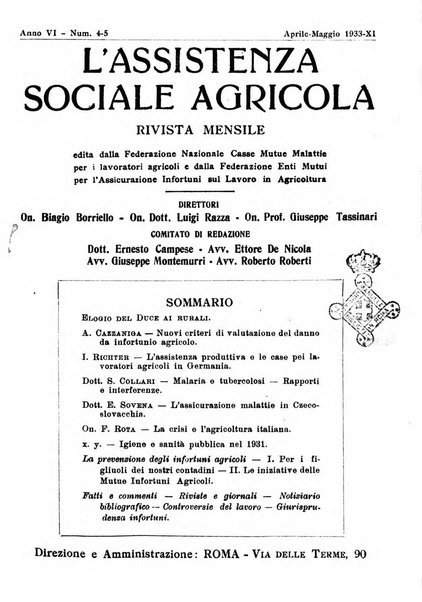 L'assistenza sociale agricola rivista mensile di infortunistica e assistenza sociale