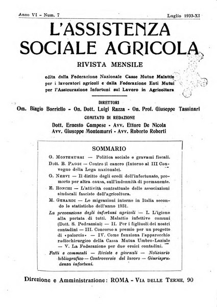 L'assistenza sociale agricola rivista mensile di infortunistica e assistenza sociale