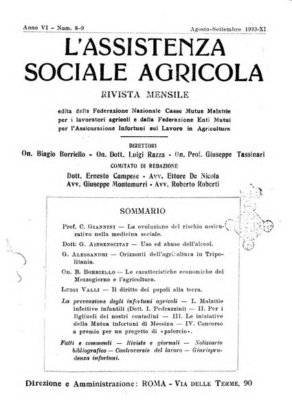 L'assistenza sociale agricola rivista mensile di infortunistica e assistenza sociale