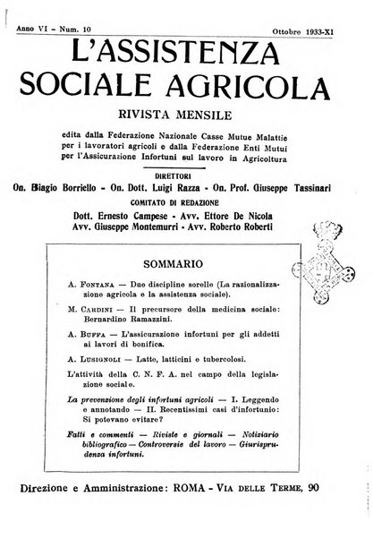 L'assistenza sociale agricola rivista mensile di infortunistica e assistenza sociale