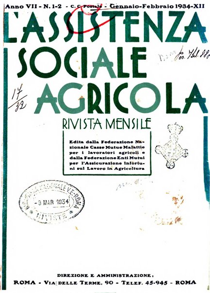 L'assistenza sociale agricola rivista mensile di infortunistica e assistenza sociale