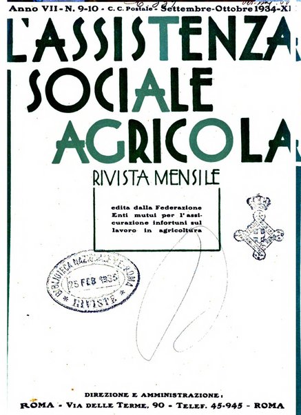 L'assistenza sociale agricola rivista mensile di infortunistica e assistenza sociale