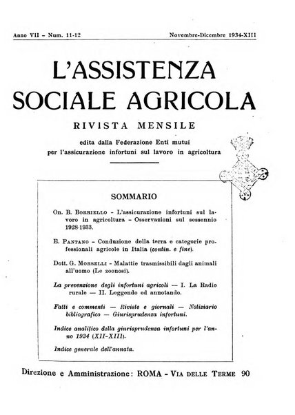 L'assistenza sociale agricola rivista mensile di infortunistica e assistenza sociale