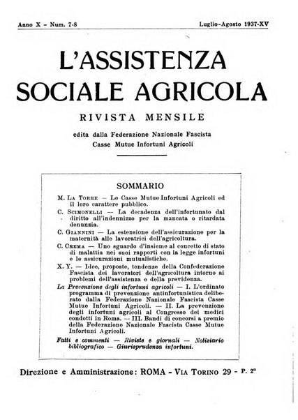 L'assistenza sociale agricola rivista mensile di infortunistica e assistenza sociale