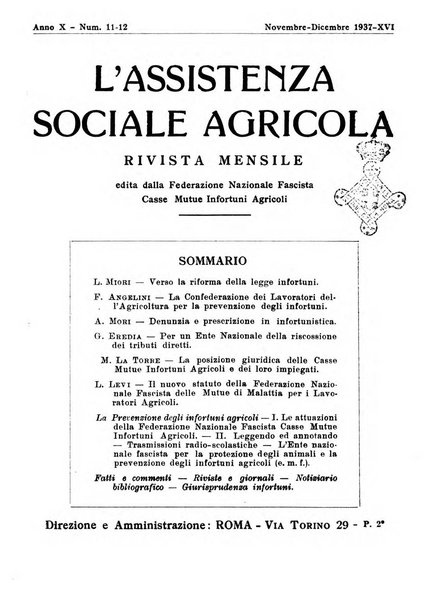 L'assistenza sociale agricola rivista mensile di infortunistica e assistenza sociale