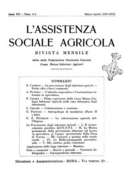 L'assistenza sociale agricola rivista mensile di infortunistica e assistenza sociale