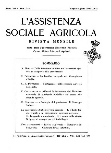 L'assistenza sociale agricola rivista mensile di infortunistica e assistenza sociale