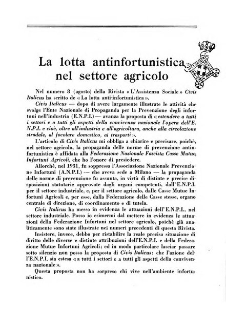 L'assistenza sociale agricola rivista mensile di infortunistica e assistenza sociale