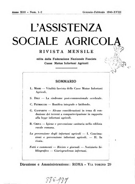 L'assistenza sociale agricola rivista mensile di infortunistica e assistenza sociale