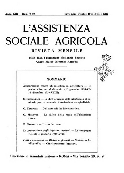 L'assistenza sociale agricola rivista mensile di infortunistica e assistenza sociale