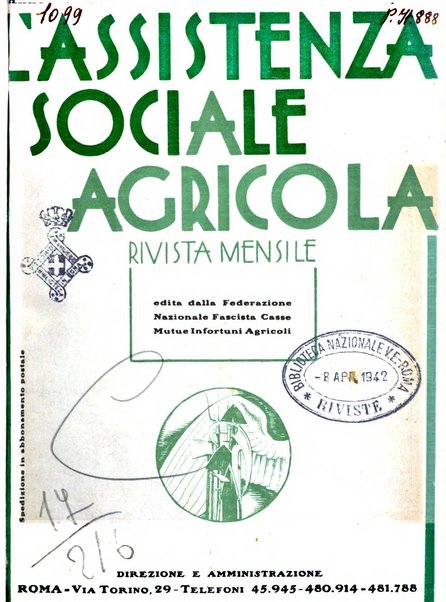 L'assistenza sociale agricola rivista mensile di infortunistica e assistenza sociale