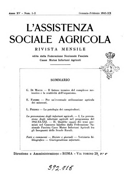 L'assistenza sociale agricola rivista mensile di infortunistica e assistenza sociale