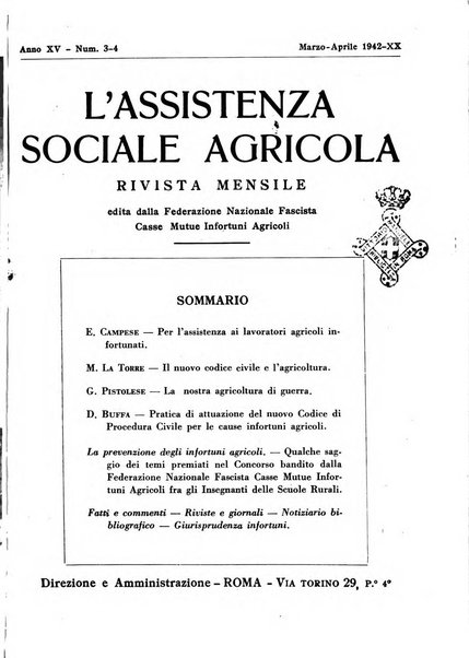 L'assistenza sociale agricola rivista mensile di infortunistica e assistenza sociale