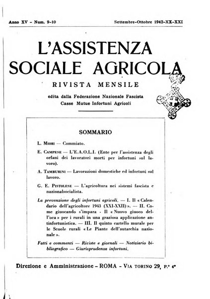 L'assistenza sociale agricola rivista mensile di infortunistica e assistenza sociale