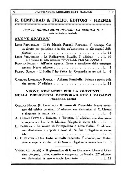 L'avvisatore librario settimanale bollettino bibliografico