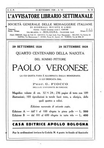 L'avvisatore librario settimanale bollettino bibliografico