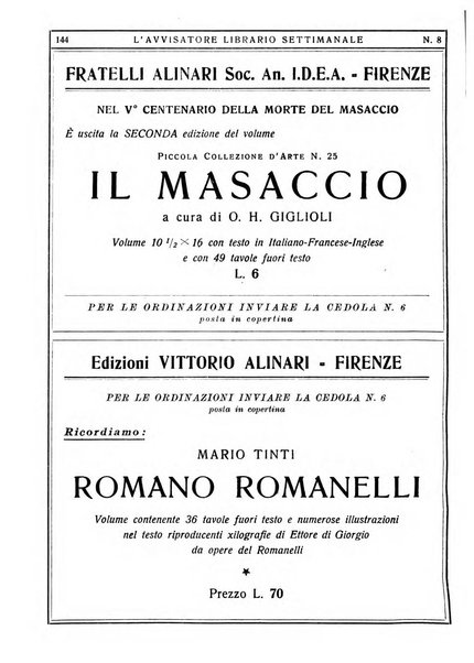 L'avvisatore librario settimanale bollettino bibliografico