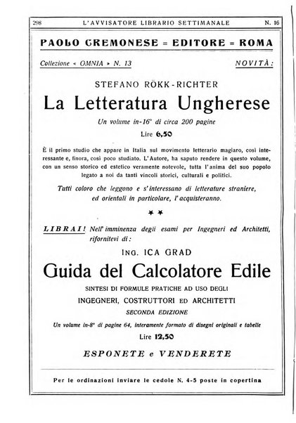 L'avvisatore librario settimanale bollettino bibliografico