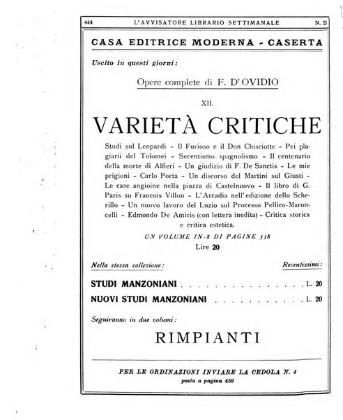 L'avvisatore librario settimanale bollettino bibliografico