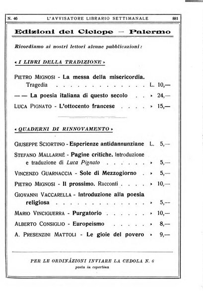 L'avvisatore librario settimanale bollettino bibliografico