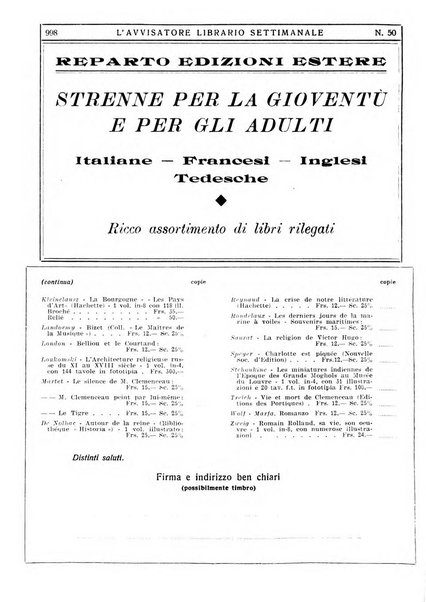 L'avvisatore librario settimanale bollettino bibliografico