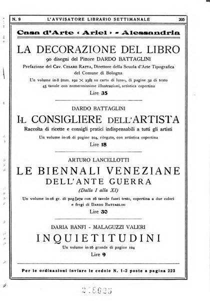 L'avvisatore librario settimanale bollettino bibliografico