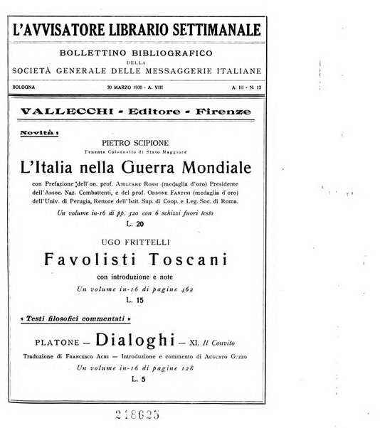 L'avvisatore librario settimanale bollettino bibliografico