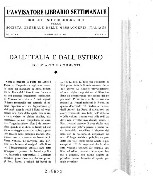 L'avvisatore librario settimanale bollettino bibliografico