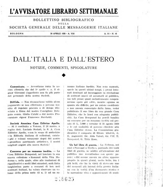 L'avvisatore librario settimanale bollettino bibliografico