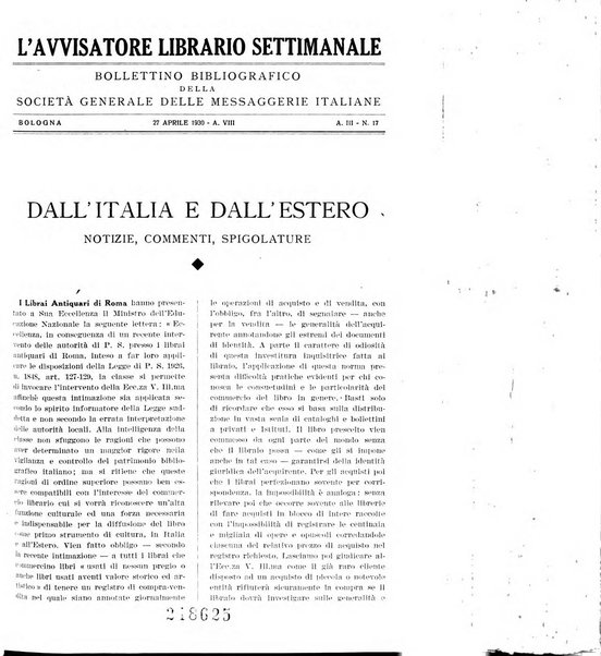 L'avvisatore librario settimanale bollettino bibliografico