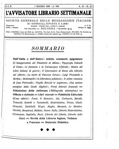 L'avvisatore librario settimanale bollettino bibliografico