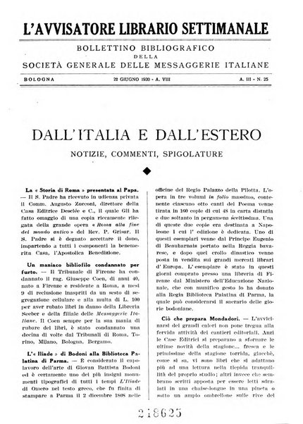 L'avvisatore librario settimanale bollettino bibliografico