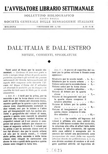 L'avvisatore librario settimanale bollettino bibliografico