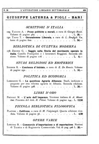 L'avvisatore librario settimanale bollettino bibliografico