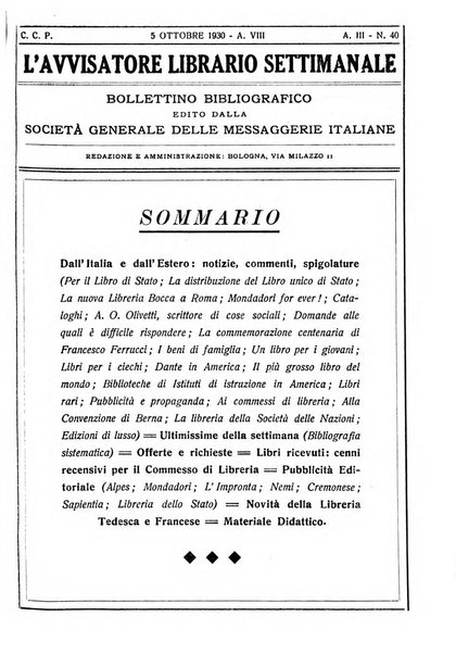 L'avvisatore librario settimanale bollettino bibliografico