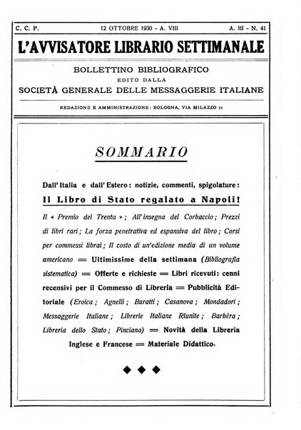 L'avvisatore librario settimanale bollettino bibliografico