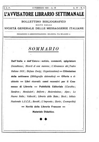 L'avvisatore librario settimanale bollettino bibliografico