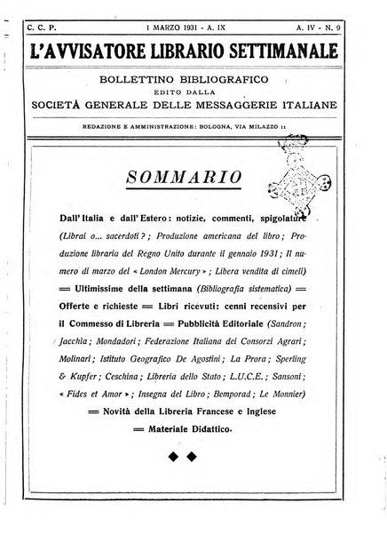 L'avvisatore librario settimanale bollettino bibliografico