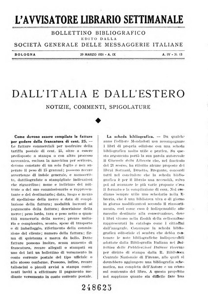 L'avvisatore librario settimanale bollettino bibliografico