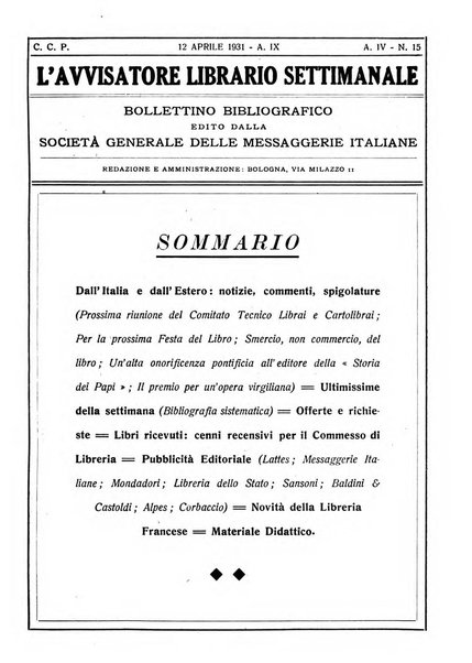 L'avvisatore librario settimanale bollettino bibliografico