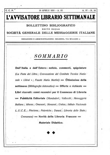 L'avvisatore librario settimanale bollettino bibliografico