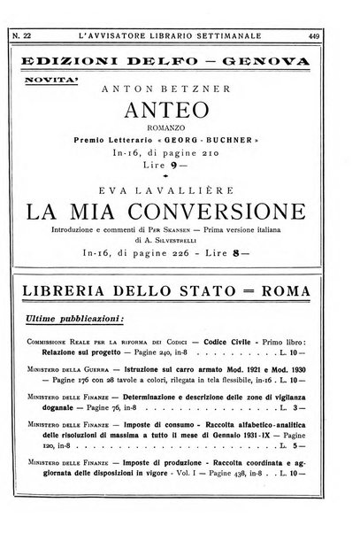 L'avvisatore librario settimanale bollettino bibliografico