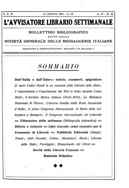 L'avvisatore librario settimanale bollettino bibliografico