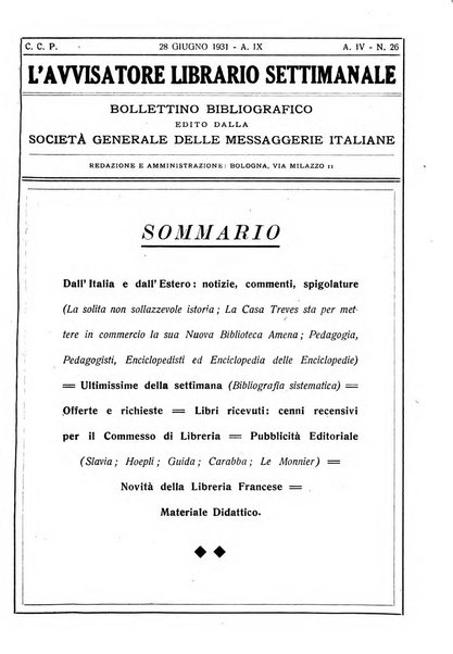 L'avvisatore librario settimanale bollettino bibliografico