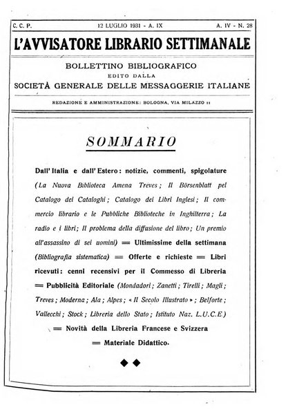 L'avvisatore librario settimanale bollettino bibliografico