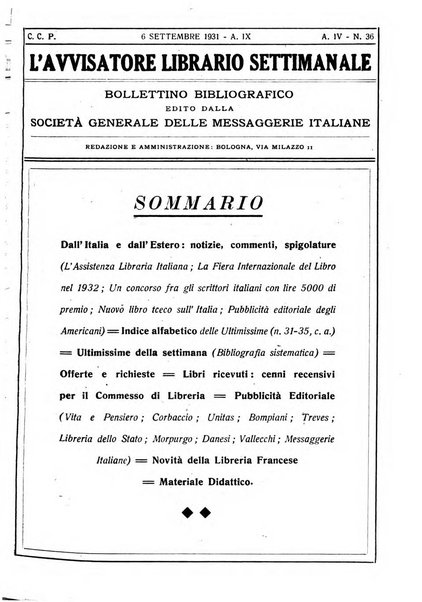 L'avvisatore librario settimanale bollettino bibliografico