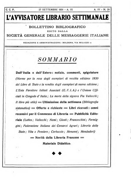 L'avvisatore librario settimanale bollettino bibliografico